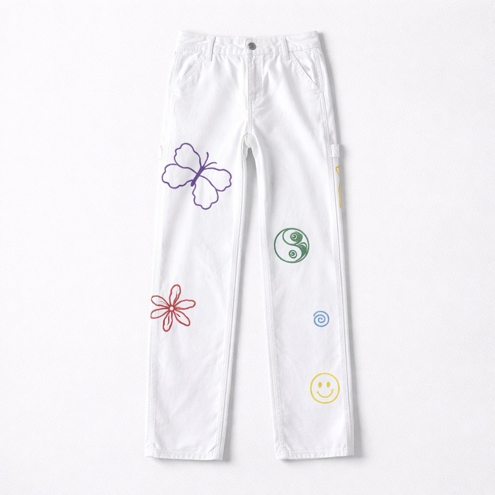 PACSUN Flowered White Low Rise Carpenter Jeans